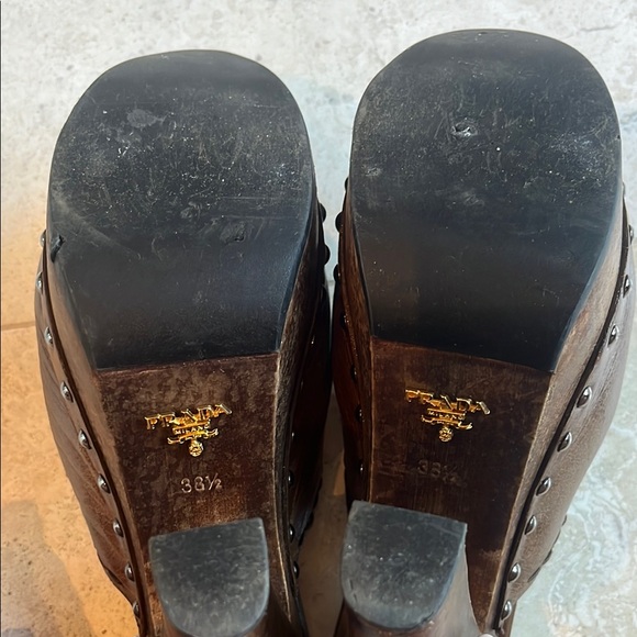 Prada Brown Leather Clogs Mules Sz 38.5 - Picture 5 of 8